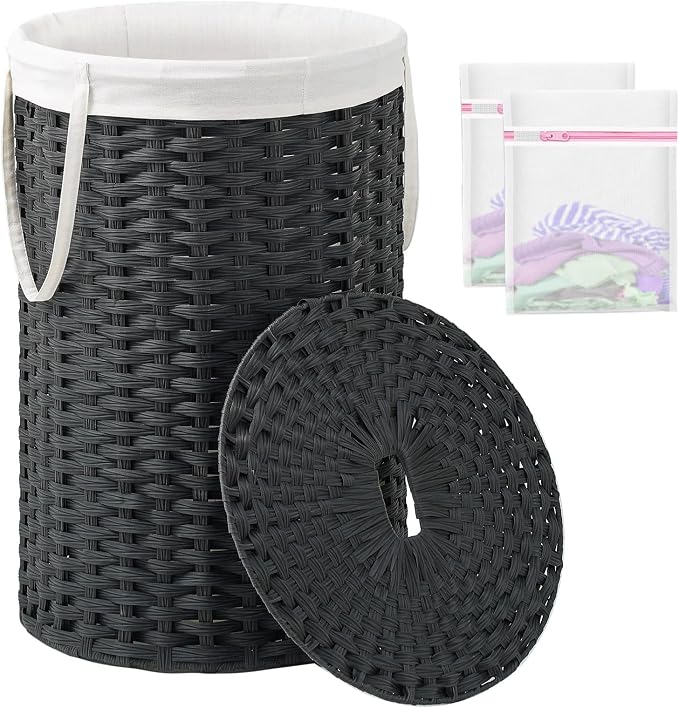 SETVSON Large Laundry Hamper Laundry Basket Round 130L, Black | Decorative PE Rattan Furniture Look for Bedroom, Round Laundry Hamper, Removable Liner Bag, 2 Mesh Bags, Handles