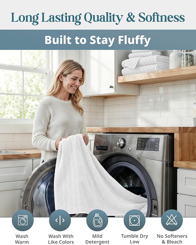 Casa Platino Bath Towel Set 100% Cotton 12 Piece Soft Absorbent - White | Bathroom Towels - Generously Sized, Oversized & Roomy, Lightweight & Breathable, Fade-Resistant Color, Classic Terry Weave
