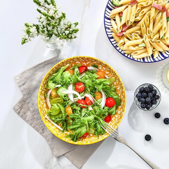 Selamica Ceramic Pasta Bowls Set of 4, 34 OZ Salad Bowls, 8.6 Inch Wide and Shallow Bowls, Microwave & Dishwasher Safe, Assorted Colors