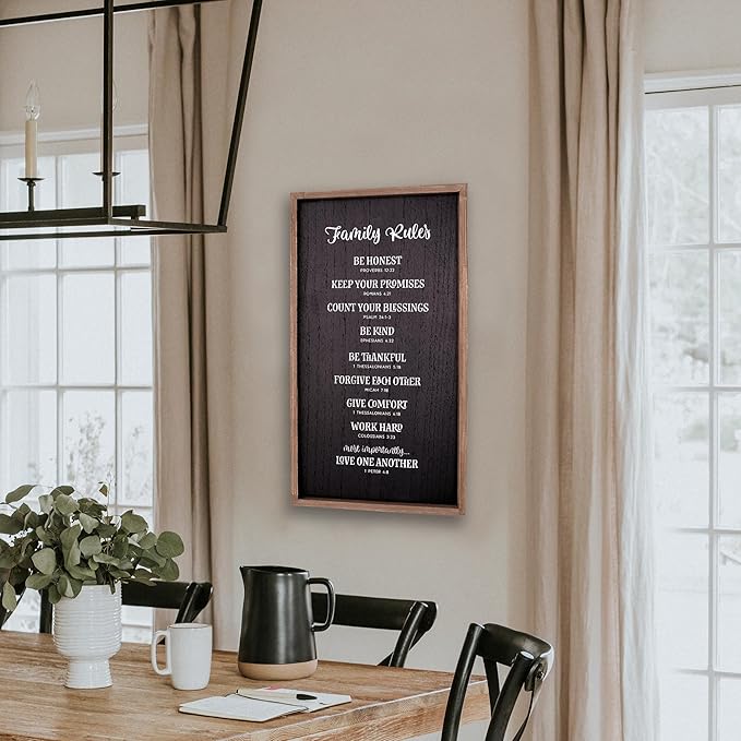 Christian Art Gifts Inspirational Decorative Scripture Wall Art Plaque for Home & Kitchen: Family Rules w/Encouraging Bible Verses, Wooden Rectangular Frame w/Hooks for Hanging in Family Room, Living