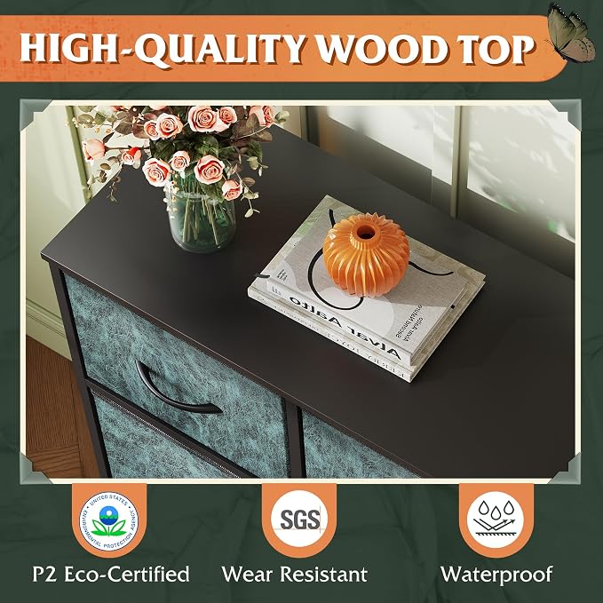 WLIVE Wide Dresser for Bedroom, 5 Drawer Chest of Drawers, Vintage Green | 5 roomy fabric drawers, Wide storage design, Bedroom or closet use, Sturdy steel frame, Smooth wood tabletop