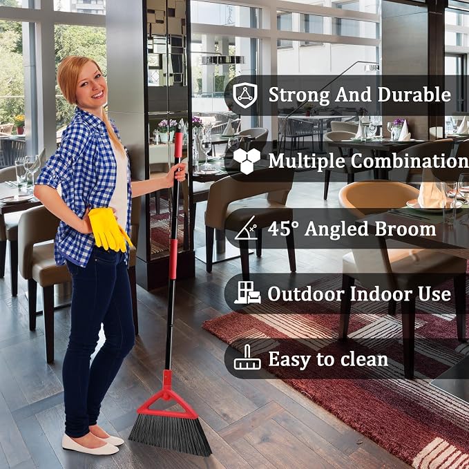 Heavy Duty Angle Broom 4 Pack - Red Broom for Outdoor & Indoor, Garage, Driveway, Sidewalk, Kitchen & More, Long Handle