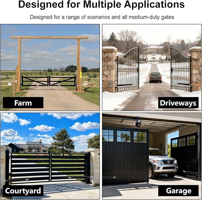 C025 Solar Gate Opener with Batteries & Solar Panel for Dual Swing Gates Up to 790lb 18FT per Arm Complete Automatic Gate Opener Kit with Remote Medium-Duty Electric Gate Opener Solar-Powered