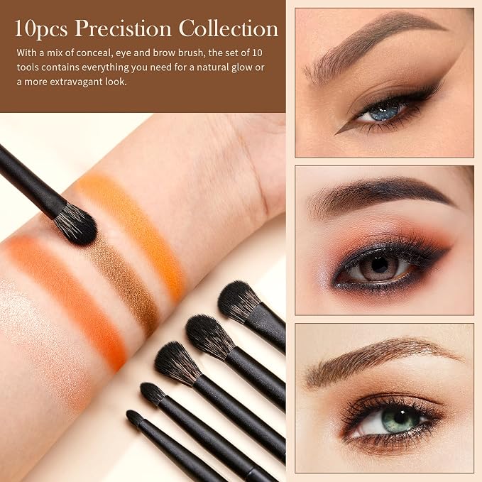 Jessup Eyeshadow Brush Set, 10Pcs Eye Makeup Brushes Professional for Blending Eye Shadow Liner Crease, Duo-end Brow Brush, Elegant Black T337