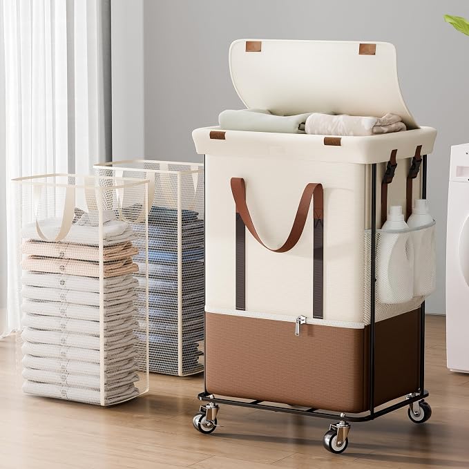 Double Laundry Hamper with Lid, Rolling Laundry Basket with Wheels and 2 Removable 75L Bags, 2 Section Large Capacity for Laundry Bedroom Bathroom Dorm, Easy Move & Organize,150L White