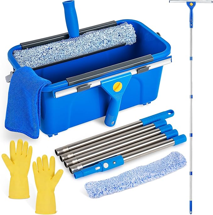 Professional Window Cleaning Kit, Window Washing Kit with 3 Gallon Bucket, 14-Inch Squeegee & 15-Inch Scrubber, 76-Inch Extendable Pole, Window Cleaning Equipment for Home & Commercial (76 inch)