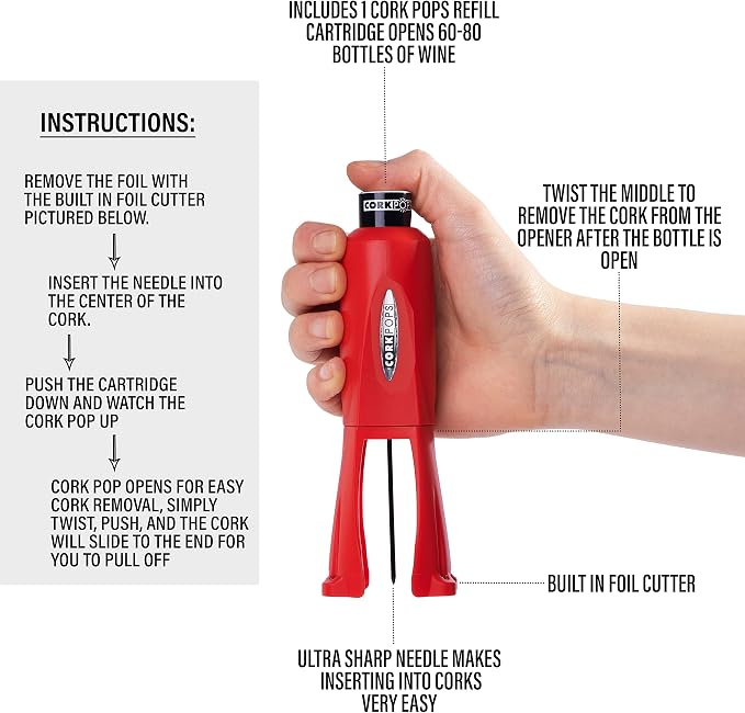 Cork Pops Legacy Wine Opener Built-in 4-Blade Foil Cutter Safe Cork Removal, Effortless Push Button Use, Needle Guard for Safety, Low-Pressure Cartridge Opens Up To 60 (Red, With 1 Cartridge)