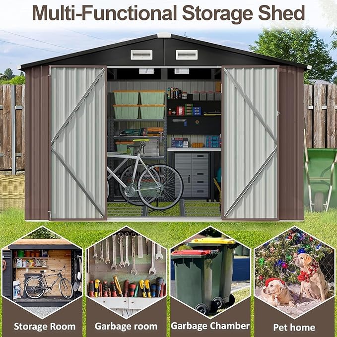 Aoxun 9.8x7.6 FT Shed Outdoor Storage Shed with Base, Brown | Metal Shed with Lockable Doors & Slooping Roof Garden Tool Shed for Backyard, Patio, Poolside