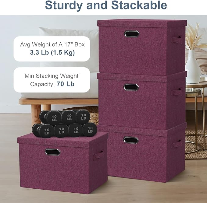 Graciadeco Large 17" 36 Quart Collapsible Stackable Storage Bins with Lids, 3 Packs Purple Linen Fabric Closet Boxes with Lids, Storage Cube Baskets Container Organizers for Bedroom Office (17x12x11)