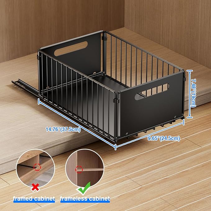Mustorn 2 Pack Pull Out Cabinet Organizer, Slide Out Drawers for Cabinets, Peel and Stick, Heavy Duty Shelves for Kitchen, Cupboard, Pantry, Bathroom (14.76" D*9.65" W*7.87" H-Black)