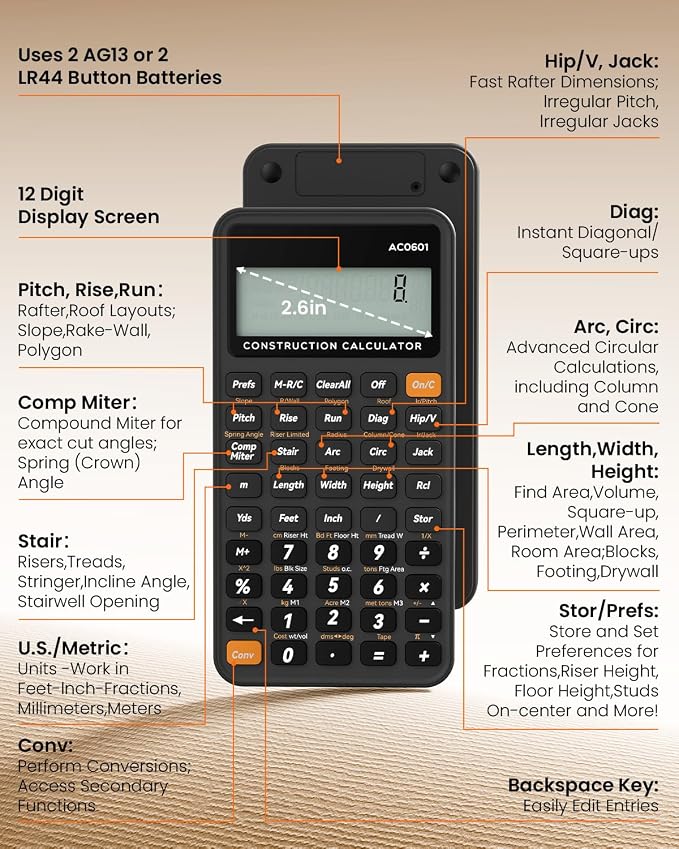 Construction Calculator Industrial & Scientific ROATEE Engineering Calculator for Contractor, Concrete Pocket Feet-inch-Fraction Calculators Carpenter, Estimator, Builder, Framer, Remodeler, Renovator