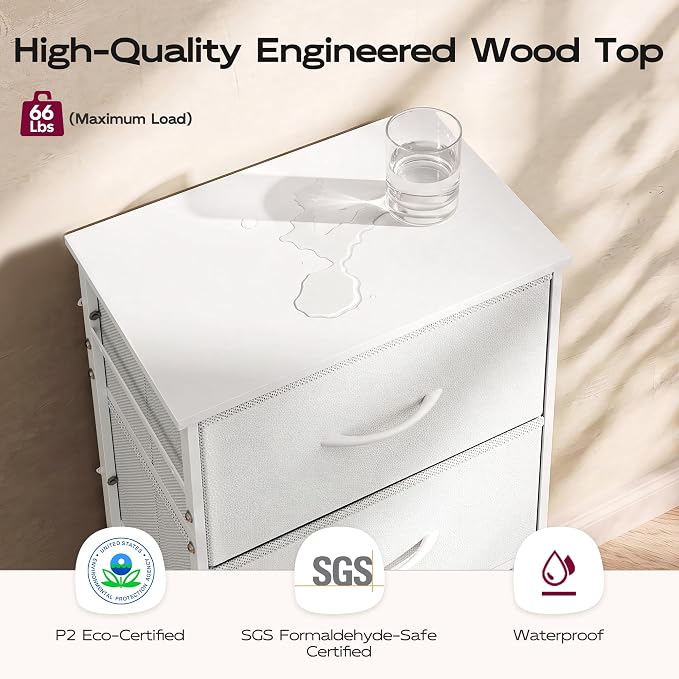 WLIVE Small Dresser Nightstand for Bedroom, 4 Drawers, White | 4 vertical fabric drawers, Space-saving tower, Bedroom or closet use, Chest of drawers, Dresser for small spaces