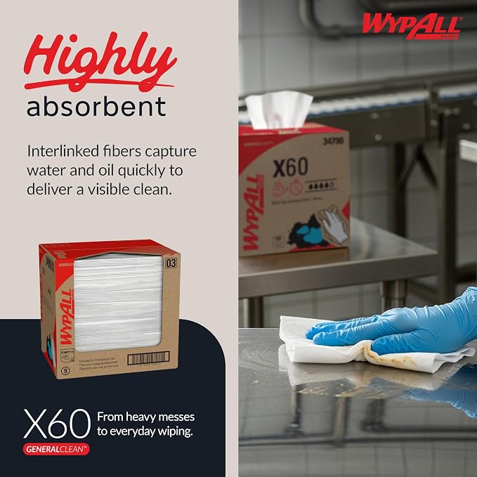 WypAll GeneralClean X60 Cloths Multi-Task Cleaning Wipes (34900), Strong and Absorbent Towels, White (6 Packs of 150 Sheets, 900 Sheet Total)