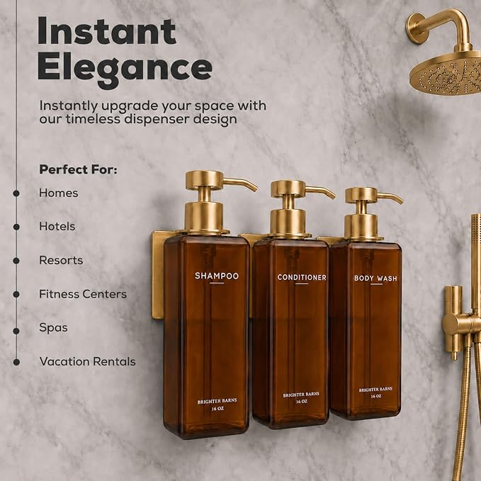 Luxury Shampoo and Conditioner Dispenser Set Wall Mounted by Brighter Barns - Shower Soap Dispensers with Drill Free Wall Mounts - Refillable Shampoo Bottles for Airbnb, Guest Bathroom (Amber Gold)