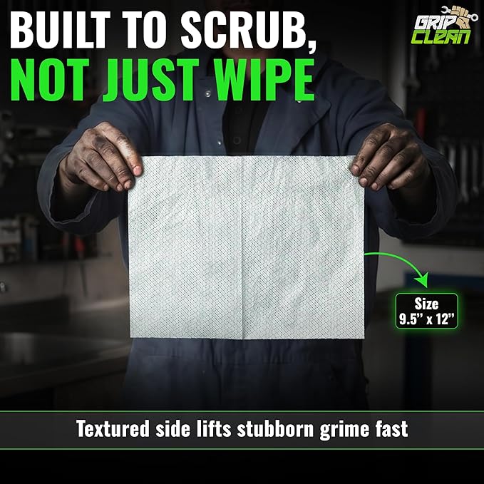 Grip Clean Heavy Duty Hand & Tool Cleaning Wipes – Waterless Hand Cleaner for Mechanics, Garage & Shop Use – Dual-Sided Grease, Oil & Paint Remover Wipes with Citrus Scent - 72ct (6 Pack)