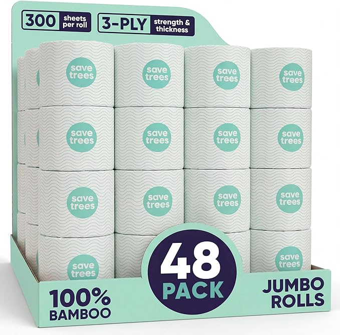 Save Trees Bamboo Toilet Paper - 48 Rolls Of Septic Safe Organic Toilet Paper- 3-ply, 300 Sheets Per Roll - PFAs Free, FSC Certified, Plastic & Chemical Free - For Home, Boat & RV Use