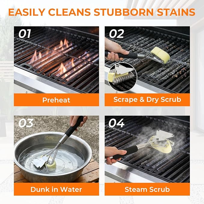 Bristle Free Grill Brush, 3 in 1 Steam Cleaner Brush with Extra Replacement Head, Heavy Duty BBQ Grill Brush for Outdoor Grill