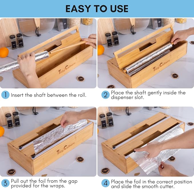 18 Inch Large Foil Wrap Dispenser with Cutter, 2 in 1 Aluminum Butcher Parchment Paper Freezer Tin Wax Cling Foil Plastic Wrap Organizer for Kitchen Drawer Bamboo Saran Storage Roll Holder