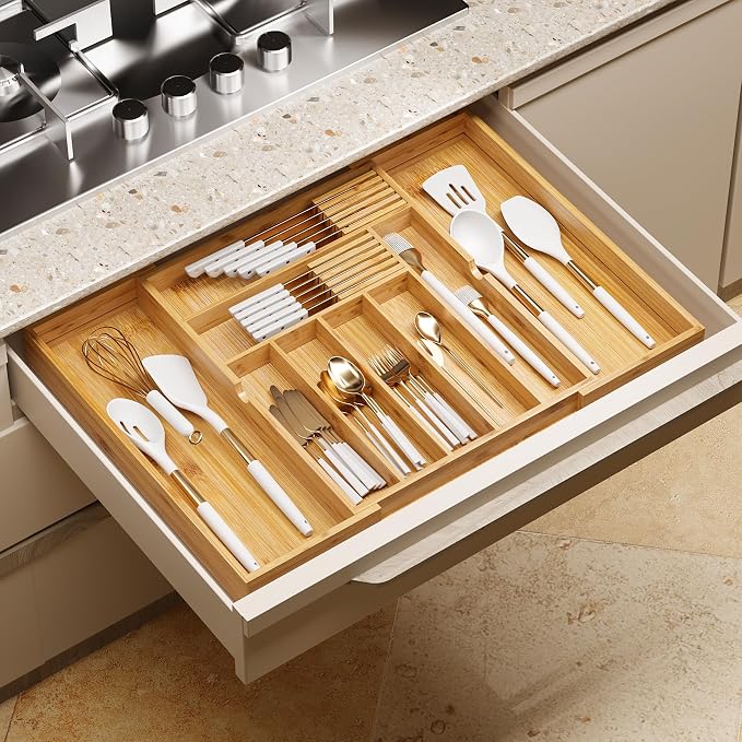 BAMEOS Bamboo Drawer Organizer Expandable Kitchen Silverware Organizer with 7-9 Deep Compartments, Bamboo Reinforced Cutlery Tray, Adjustable Utensil Holder for Kitchen(16.1"-22.4" Wide, Natural)