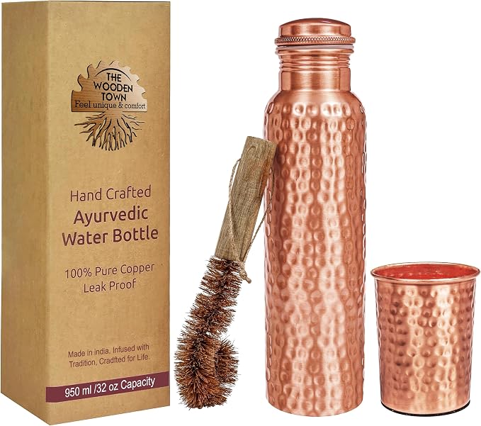 Copper Water Bottle, Hammered Ayurvedic Pure Copper Bottle For Drinking - Drink More Water, Lower Your Sugar Intake And Enjoy The Health Benefits Immediately 32 Oz With Glass
