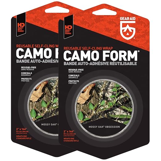 GEAR AID Camo Form Self-Cling and Reusable Fabric Camouflage Wrap, Adds Grip and Shield Hands from Hot or Cold Surfaces to Protect You and Your Equipment, Obsession, 2” x 144” Roll, 2 Pack