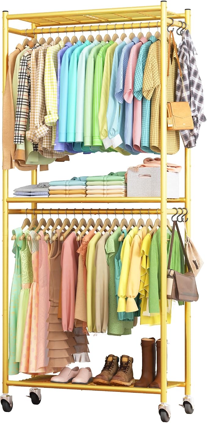 Sakugi Clothes Rack - 33.0" x 12.2" x 79.5" Clothing Rack with Shelves & Wheels, Multi-Functional Wardrobe Closet with Hooks, Sturdy Metal Garment Rack for Bedroom, Laundry, Balcony (Gold)
