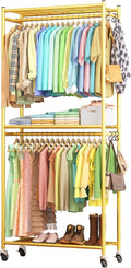 Sakugi Clothes Rack - 33.0" x 12.2" x 79.5" Clothing Rack with Shelves & Wheels, Multi-Functional Wardrobe Closet with Hooks, Sturdy Metal Garment Rack for Bedroom, Laundry, Balcony (Gold)