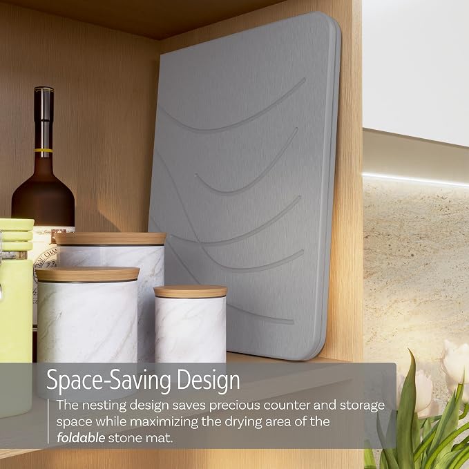 LARGE | PREMIUM | Stone Dish Mat + Bamboo Rack | 24” x 16” | Foldable (Light Gray)