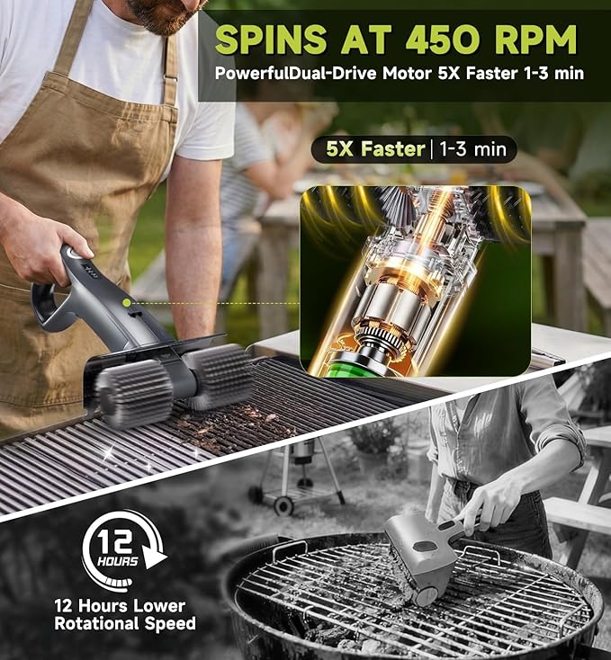 Electric Grill Brush Rechargeable, Dual Brush Heads Design Cordless Electric BBQ Grill Cleaner with Replaceable Head (Gray)
