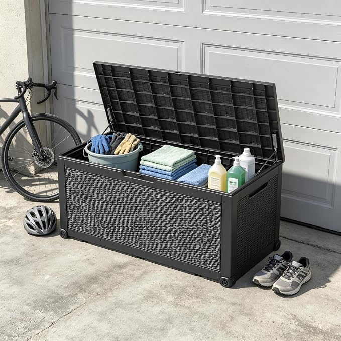 100 Gal Outdoor Storage Box Waterproof Lockable,Deck Box,Gas Lift,Black | Waterproof Resin Deck Box, Lockable Gas Lift Outdoor Box Storage for Patio Cushions, Garden Tools, Pool Supplies