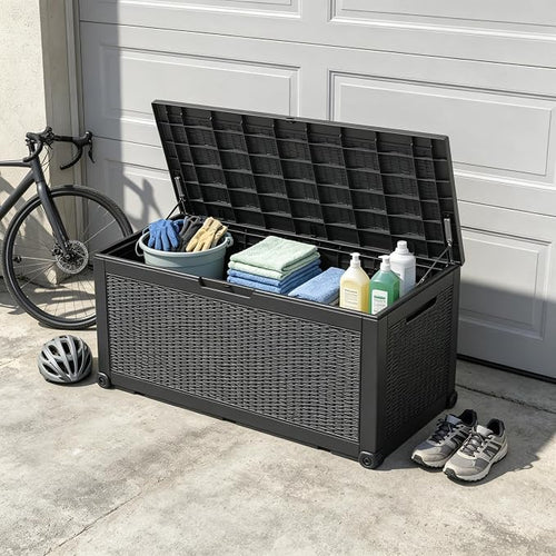 100 Gal Outdoor Storage Box Waterproof Lockable,Deck Box,Gas Lift,Black | Waterproof Resin Deck Box, Lockable Gas Lift Outdoor Box Storage for Patio Cushions, Garden Tools, Pool Supplies