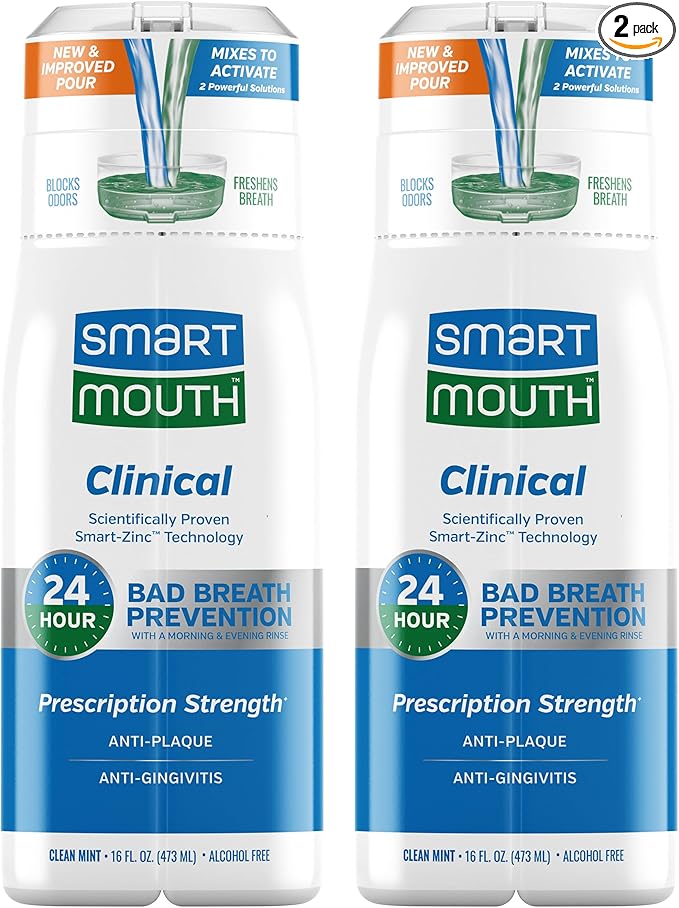 SmartMouth Clinical Zinc Activated Mouthwash - Anti-Plaque & Anti-Gingivitis for Healthy Gum Support - All-Day Fresh Breath - Alcohol-Free, Sugar-Free, & Gluten-Free - Clean Mint - 16 fl oz (2 Pack)