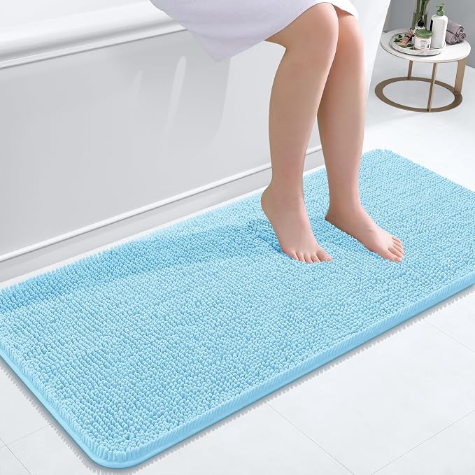 OLANLY Bathroom Runner Rugs 47x20, Soft Absorbent Chenille Bath Rugs, Rubber Backing Quick Dry, Machine Washable Long Bath Mats for Bathroom Floor, Tub and Shower, Home Decor Accessories, Sky Blue
