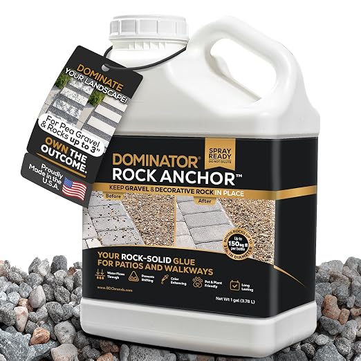 Dominator Rock Anchor 1 Gallon - Rock Glue for Landscaping Gravel & Stone, Ready to Spray, Locks in River Rock, Pea Gravel & Decorative Rock, Prevents Scattering & Washouts, Water-Based
