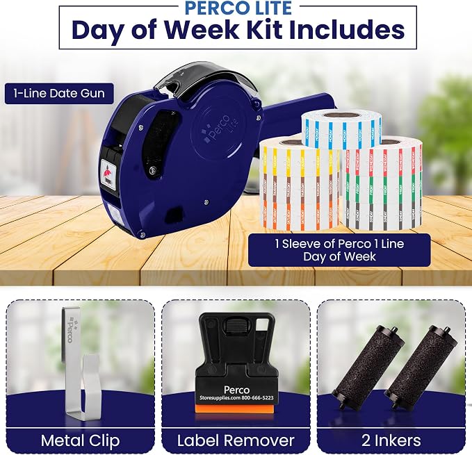 Perco Lite 1 Line Date Gun with Day of Week Labels Kit for Retail Business - Includes 1 Sleeve (7 Rolls), 1 Scraper - Preloaded Labeler Gun w 2 Ink Rollers & 1 Gun Clip