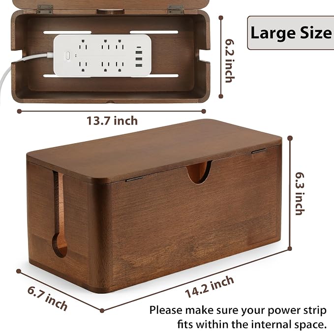 ZhiYo Wood Cable Management Box, Large Cord Organizer Box for Power Strip, Extension Cord Hider for Office, Desk Cable Storage Box for Wire Management, Floor Outlet Hider, 14.2" L × 6.7" W × 6.3" H