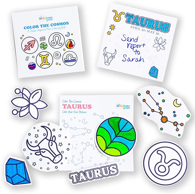 A Brighter Year Color The Cosmos Taurus Gift Bundle - Adult Mini Coloring Book (3" x 3" - 50 Pages), Post It Notes (50-3” x 3”), Stickers - Stress & Anxiety Relief - Mindfulness, Gift, Travel