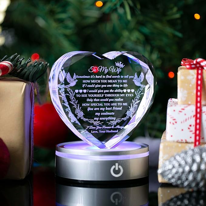 Gifts for Wife with LED Base, Romantic Crystal Keepsakes Presents for Wedding Valentines Day Christmas, Anniversary Birthday Gift for Women from Husband