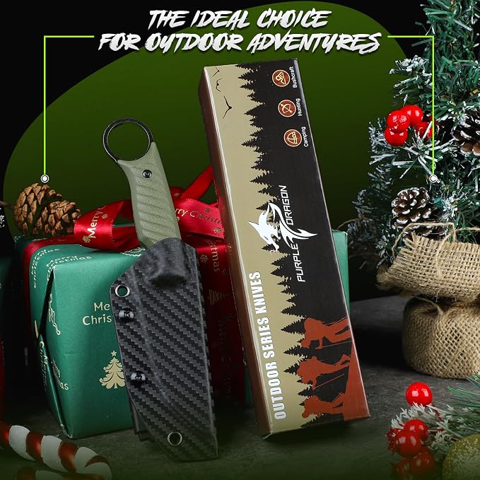 Purple Dragon Fixed Blade Knife with Kydex Sheath -Survival Knife Green | Forged from a Single Piece of D2 Steel, Full Tang G10 Handle, Gift Box, for Outoor Camping