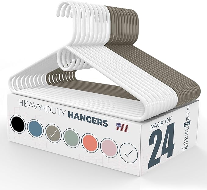 Heavy Duty Clothes Hangers 20 Pack (24 Count) – Made in the USA – 8lb Capacity Plastic Hangers for Adult Clothing – Durable for Pants, Coats, Jackets, or Jeans – White & Gray