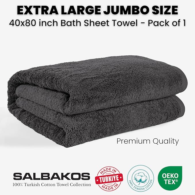 SALBAKOS Luxury 100% Turkish Cotton Bath Sheet 40x80 in (1-Piece, Gray) | Extra Large Jumbo Oversized Bathroom and Beach Towel, Super Soft Highly Absorbent Thick Premium Hotel Quality, Made in Turkey