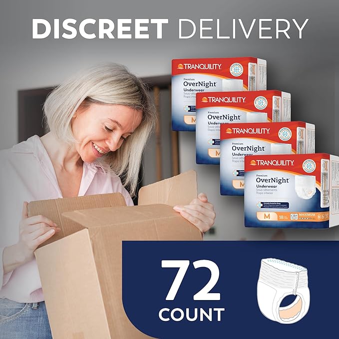 Tranquility Premium OverNight Disposable Absorbent Underwear (72 Count) - M, 34-48 in. Waist - Maximum Absorbency, All-Night Sleep, Breathable Comfort, 72 Adult Diapers