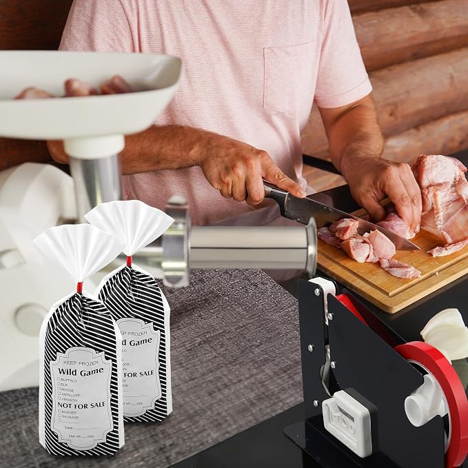 Funnymoom Meat Packaging Kit 500 Pcs Wild Game Freezer Bags, Steel Tape Sealer, 2 Rolls Sealing Tape, Stainless Steel Filling Tube for Meat Grinder Processing Supplies for Hunter Butcher(Black)