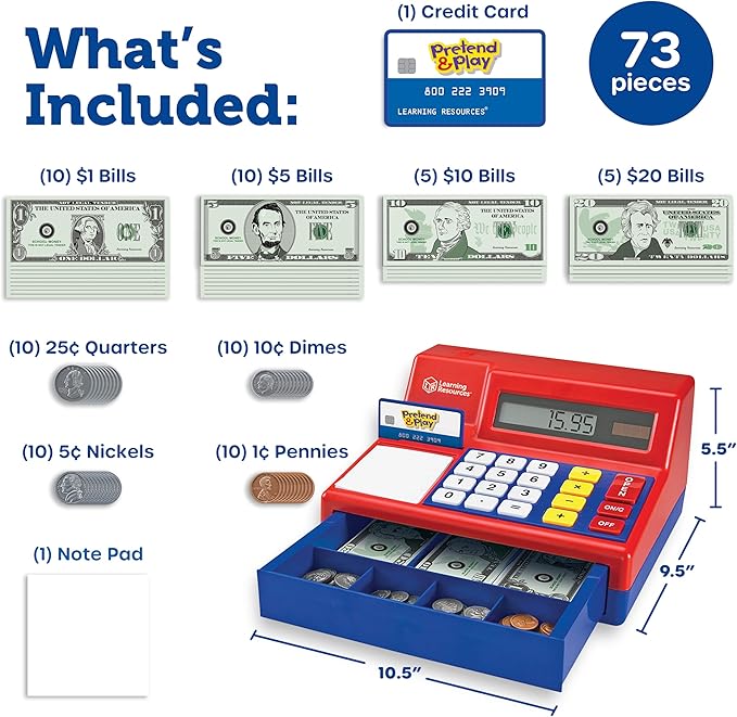 Learning Resources Pretend & Play Calculator Register Toy - Kids Play Set & Credit Card Toy, Register for Kids, Pretend Grocery Store Shopping Playset for Toddlers, Teaching Math Set