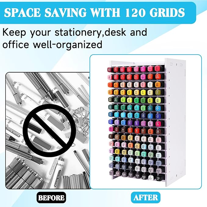 Marker Organizer, 120 Slots Marker Holder Organizer, Marker Storage with Divider Art Marker Rack for Pens Colored Pencils Art Brushes Adjustable Pencil Holder for Desk Organizer
