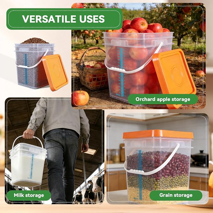 5 Pack 5 Gallon Square Plastic Bucket with Lids and Graduation Marks, Food Grade Clear Storage Containers for Kitchen & Industrial, BPA Free Heavy Duty Pail with Handle for Liquid, Paint, Grain