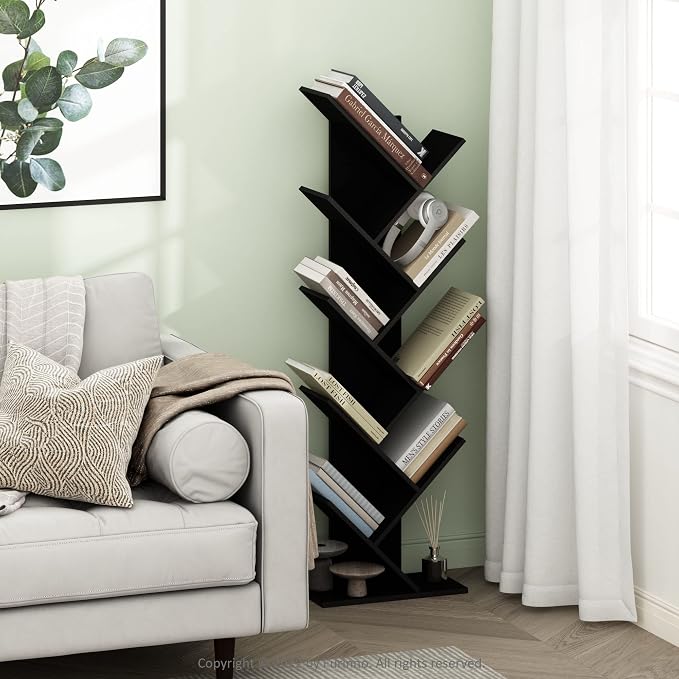 Furinno TREE Book Shelf, 9-Tier Bookshelf, Tree Bookcase with Angled Open Shelf, 8.4 x 15.7 x 50.9, Corner Shelf for Room Decor, for Living Room, Bedroom, Home Office, Espresso