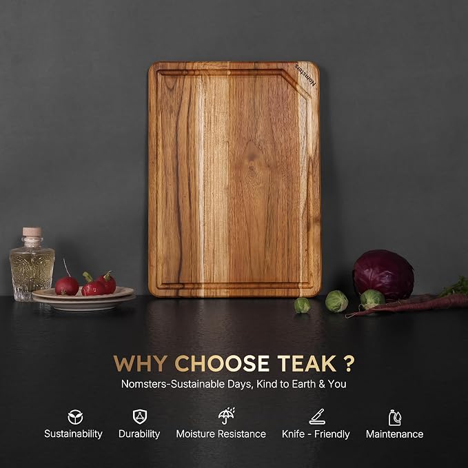 15'' Teak Wood Cutting Board for Kitchen Non Slip Over Sink Charcuterie Board Serving Heavy Duty Non Toxic Wooden Chopping Board Thick Haus Organic Edge Grain Wood Long-Lasting Use