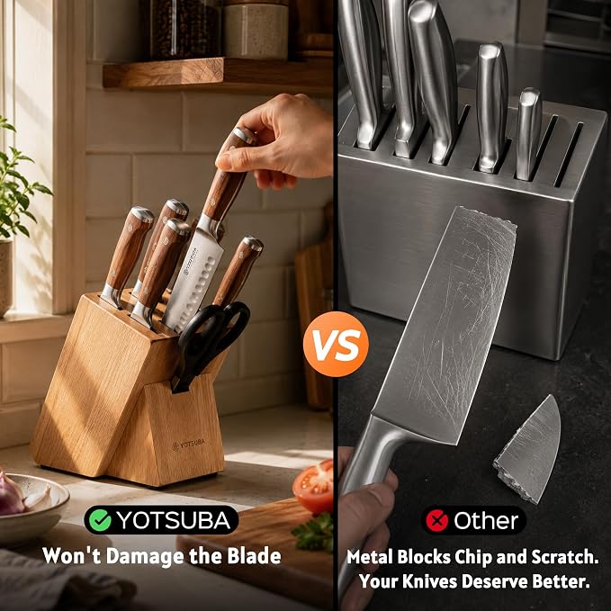 YOTSUBA 8PCS Japanese Style Natural Rosewood Knife Set with Block | High Carbon Stainless Steel, Ultra Sharp, Full Tang Construction, Poke-Proof Construction, Ergonomic Kitchen Knives