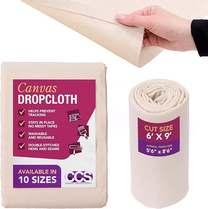 CCS Canvas Drop Cloth for Painting – All Purpose Cotton Duck Cloth Tarp for Curtains, Tablecloths, Backdrops – Washable & Reusable Floor Cover & Dust Sheet for Furniture (6x9 Ft)